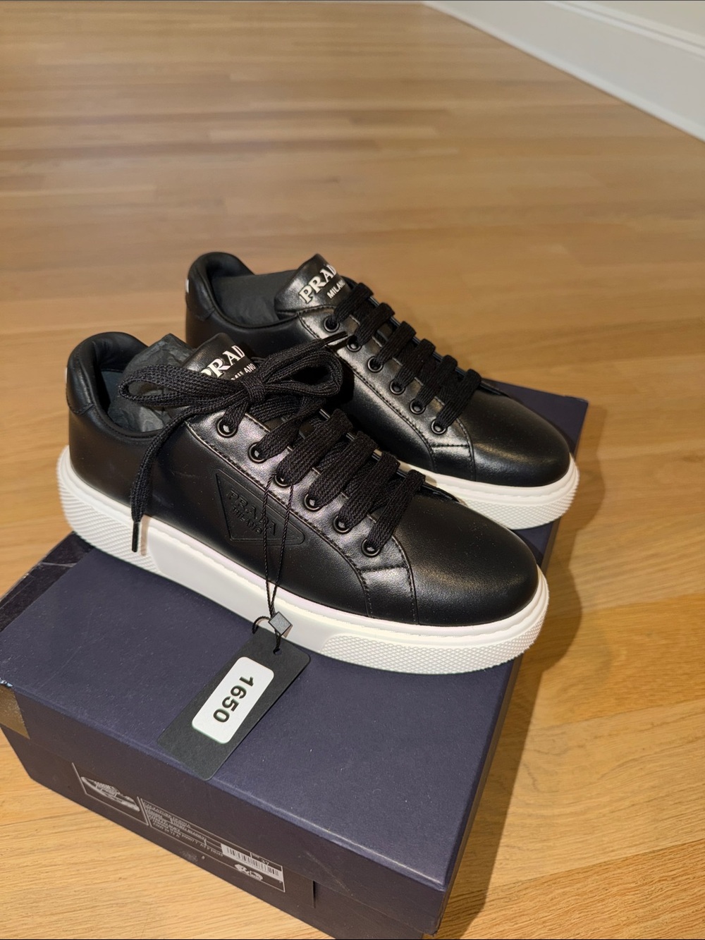 Prada Black Leather Low-Top Sneakers with White Platform Sole